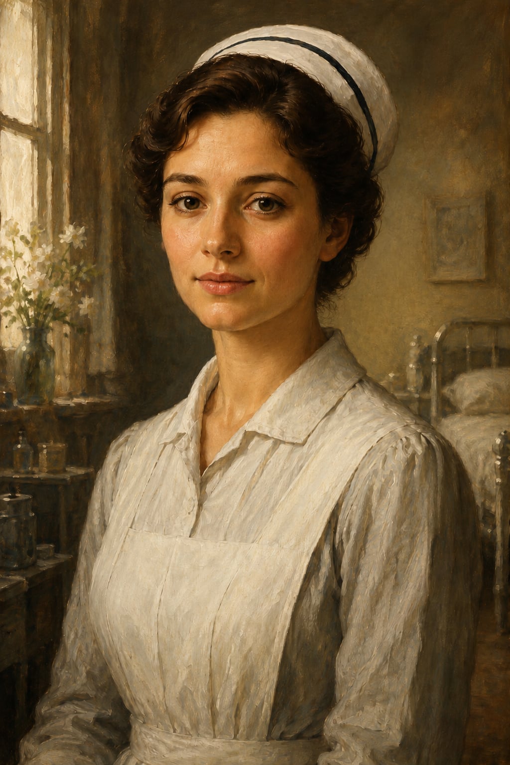 Francine, the nurse, at the sickroom window
