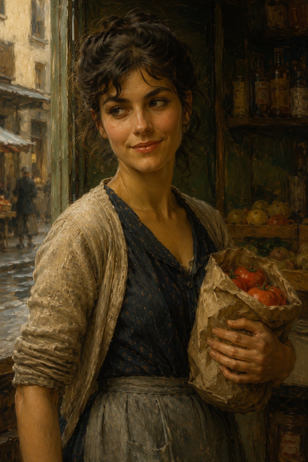 Monique with a bag of tomatoes in the shop